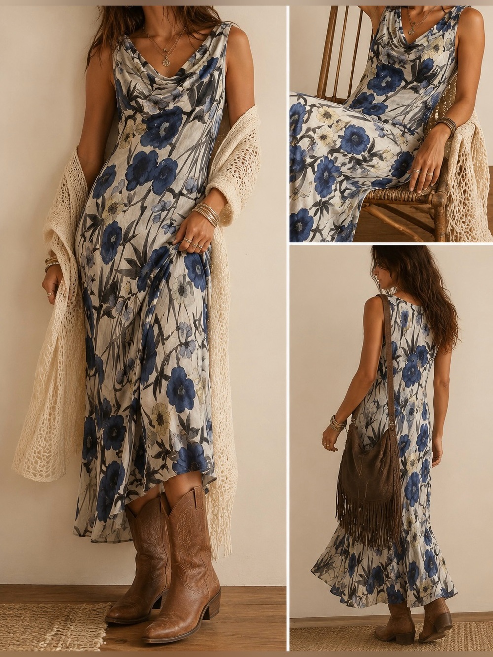 Vintage Lola P Floral Rayon Maxi Dress XL Blue Gray Boho NWT